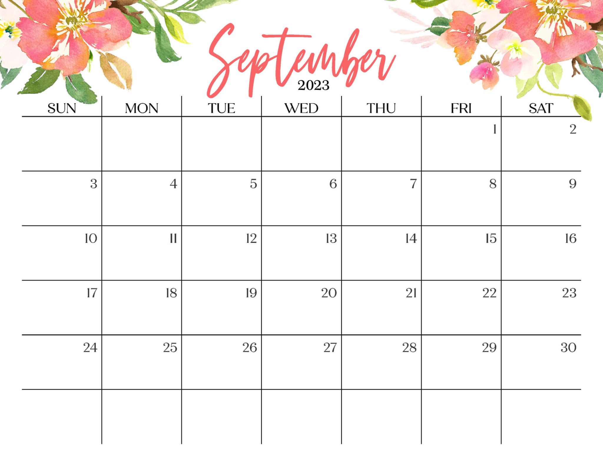 Free Floral September 2023 Calendar Printable - CompanyPioneers.Com