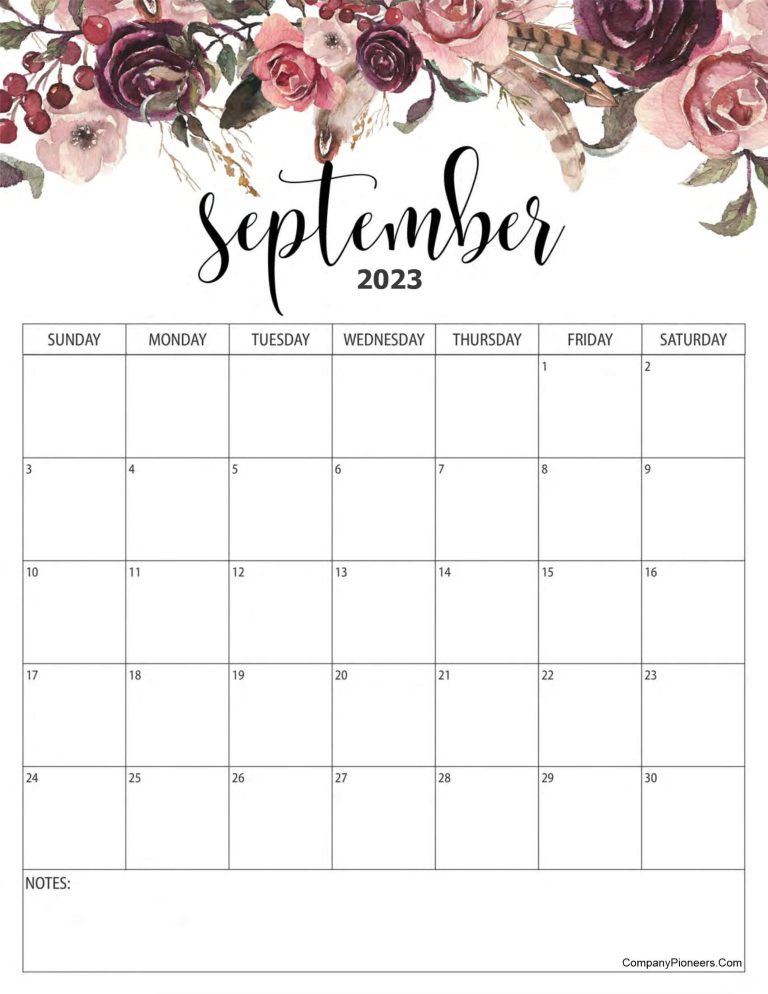 Free Floral September 2023 Calendar Printable - CompanyPioneers.Com