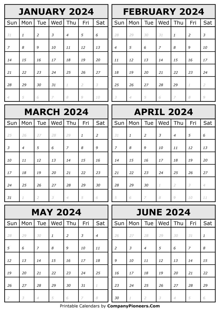 January 2024 to June 2024 Calendar Printable - Template