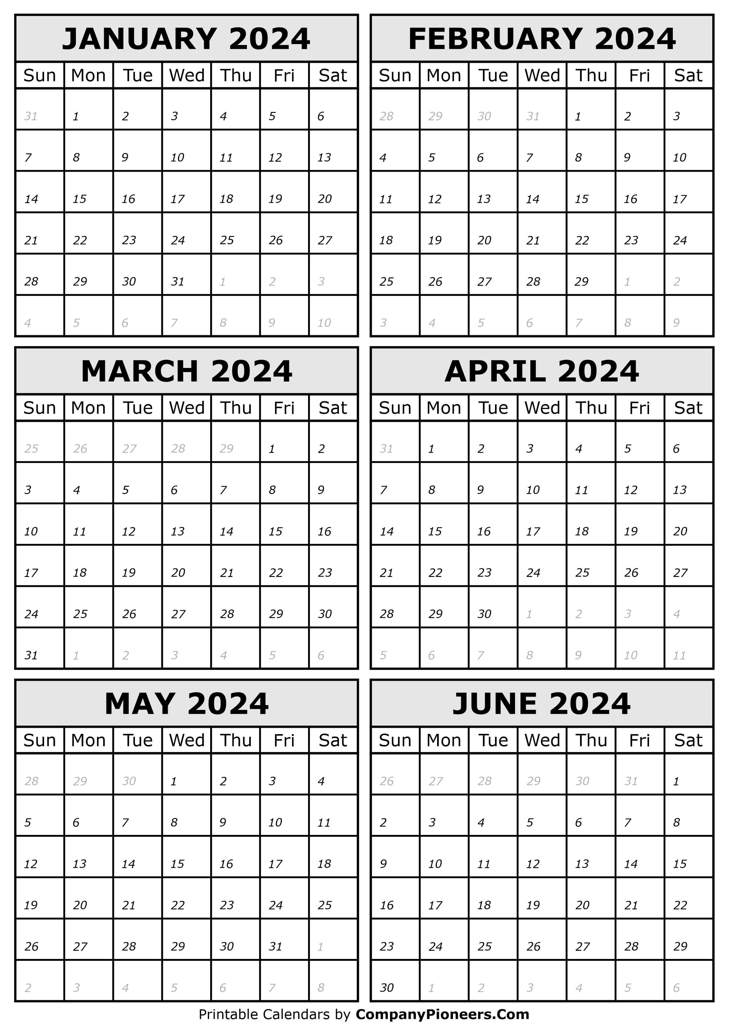 2024 Calendar January To June Printable 2024 CALENDAR PRINTABLE