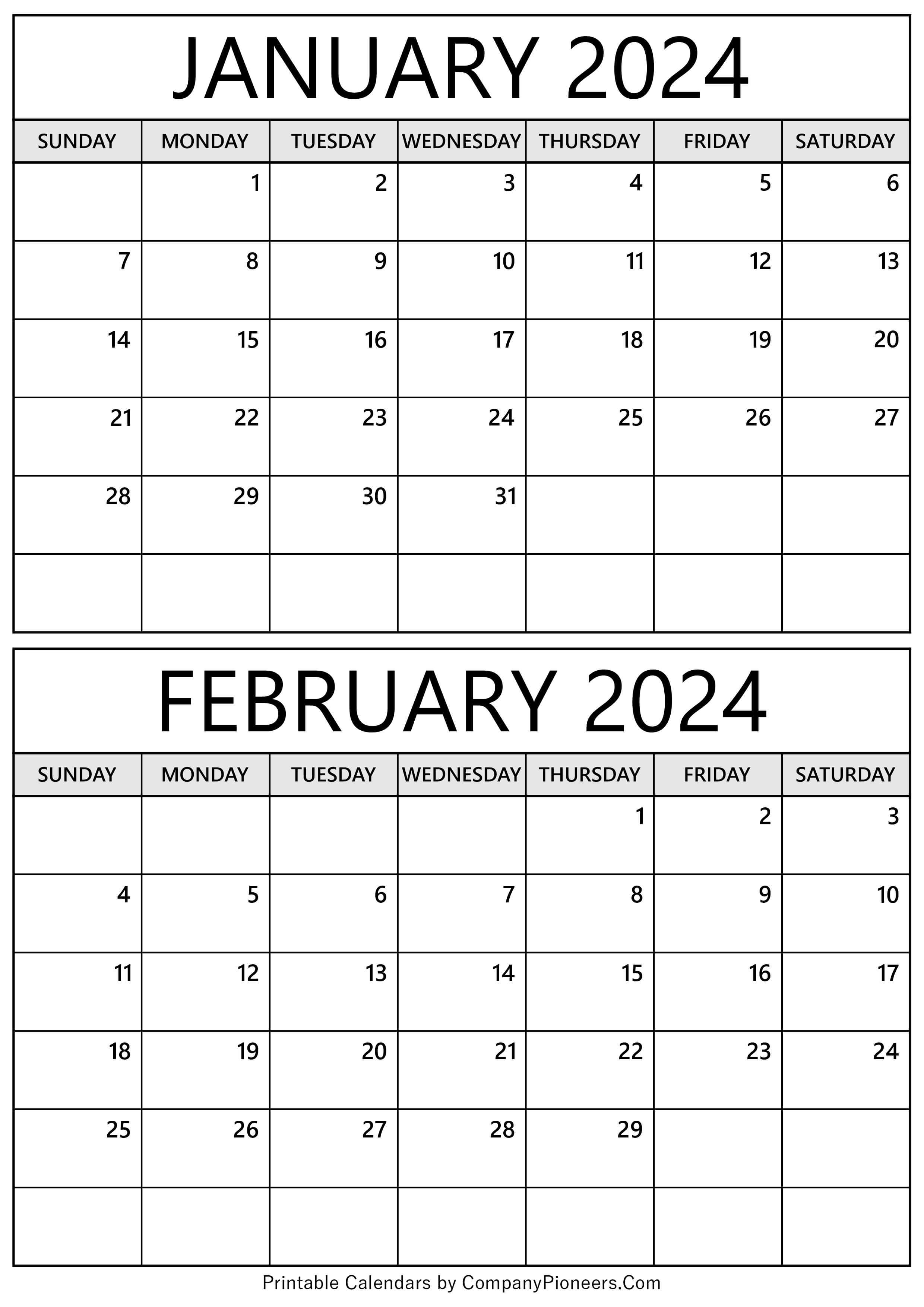January 2024 February 2024 Calendar 2024 CALENDAR PRINTABLE