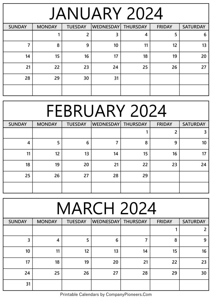 January February March 2024 Calendar Printable Template