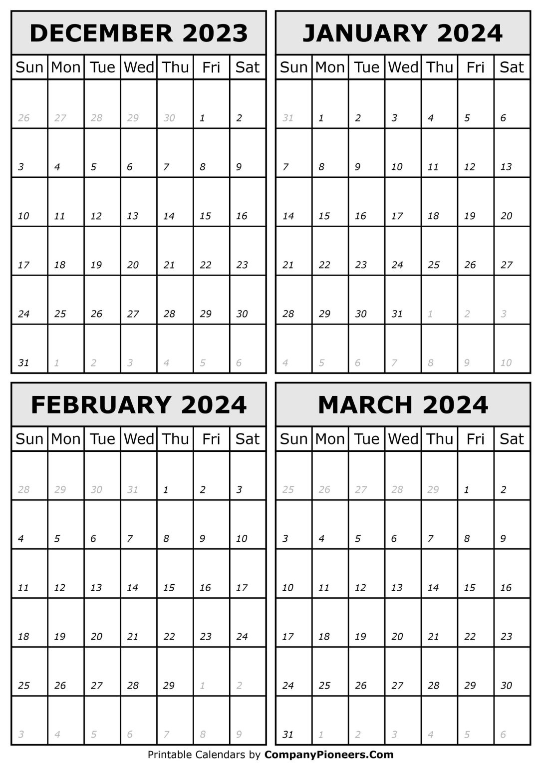 December 2023 To March 2024 Calendar Printable - Template