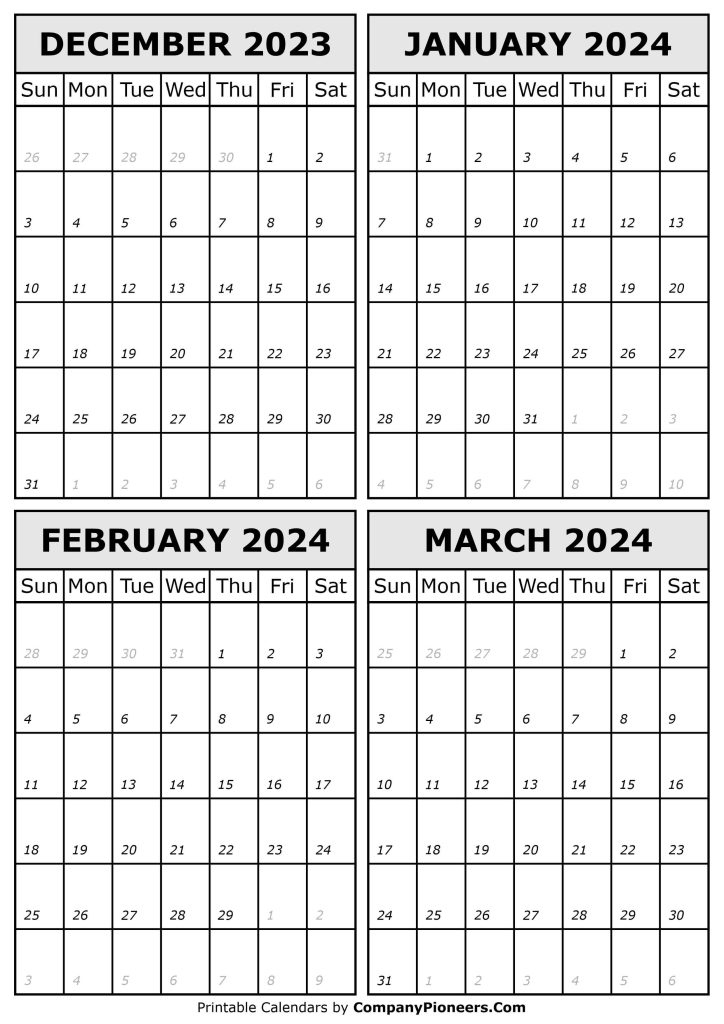 December 2023 to March 2024 Calendar Printable - Template