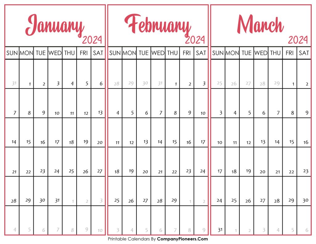 January February March 2024 Calendar Printable Template