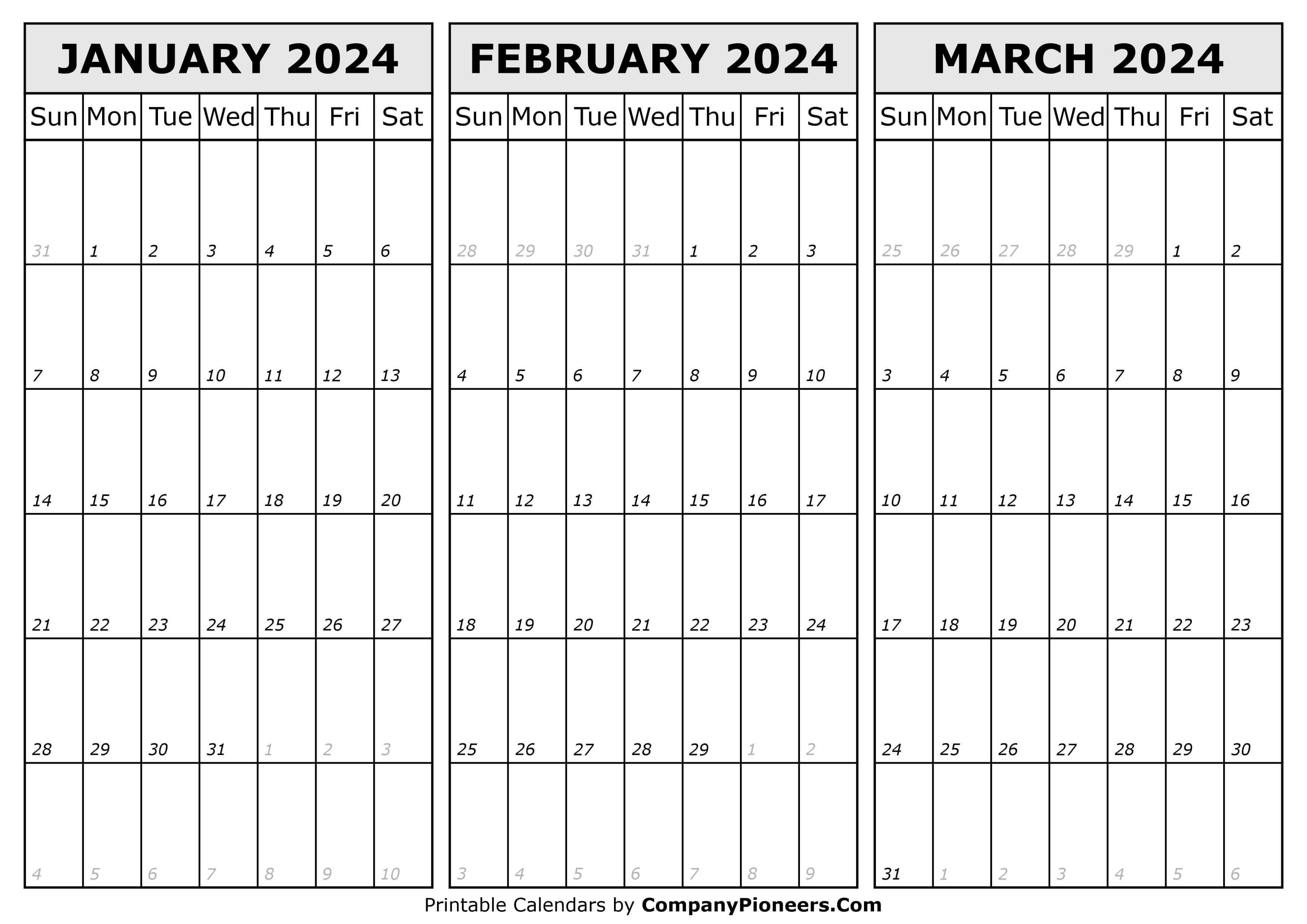 January February March 2024 Calendar Printable Template