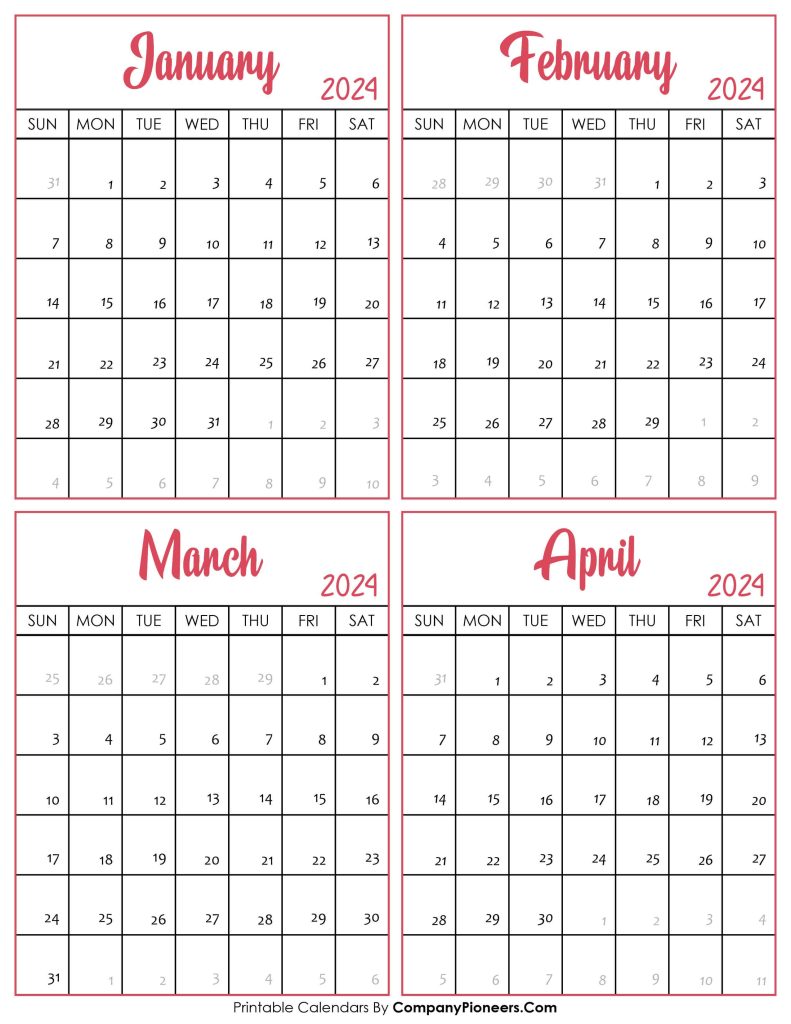 January to April 2024 Calendar Printable Template