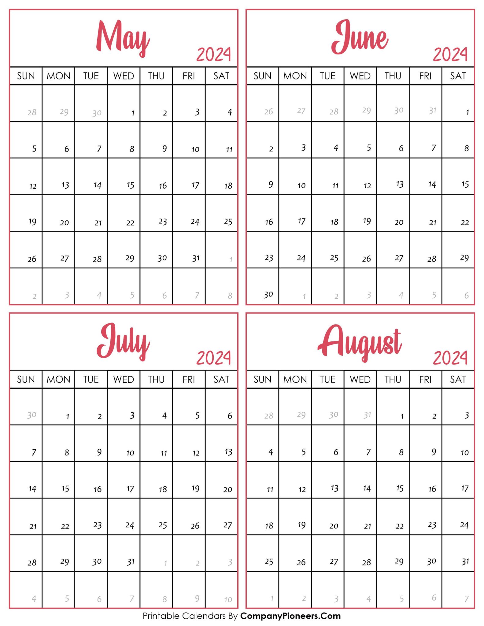 May to August 2024 Calendar Printable Template