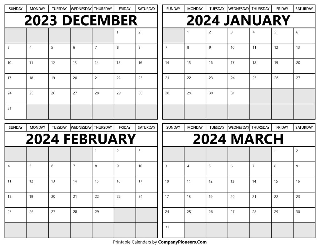 December 2023 to March 2024 Calendar Printable Template