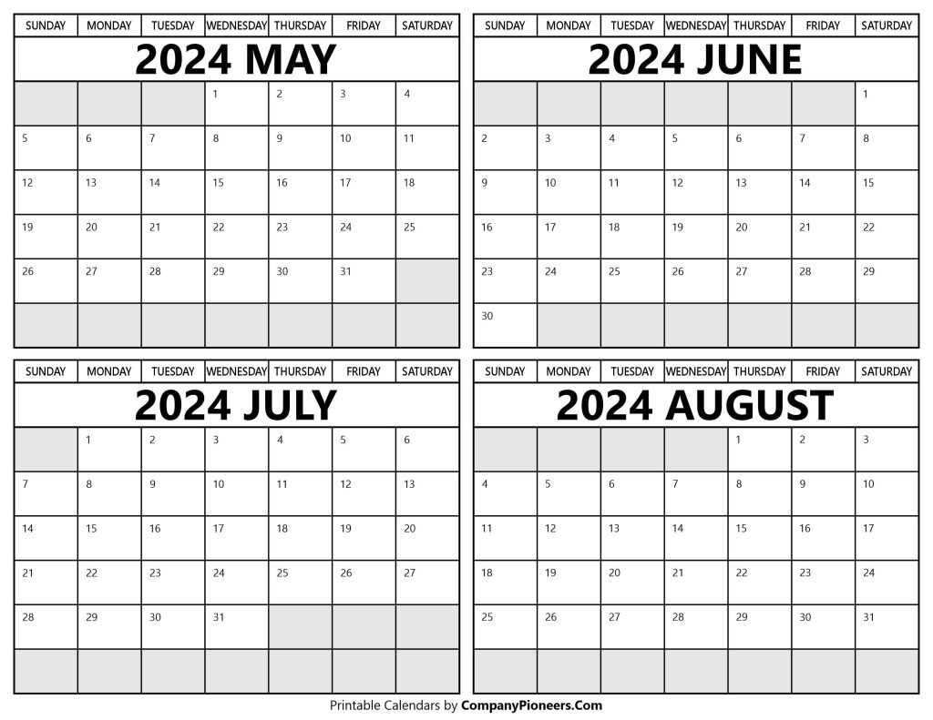 May to August 2024 Calendar Printable - Template