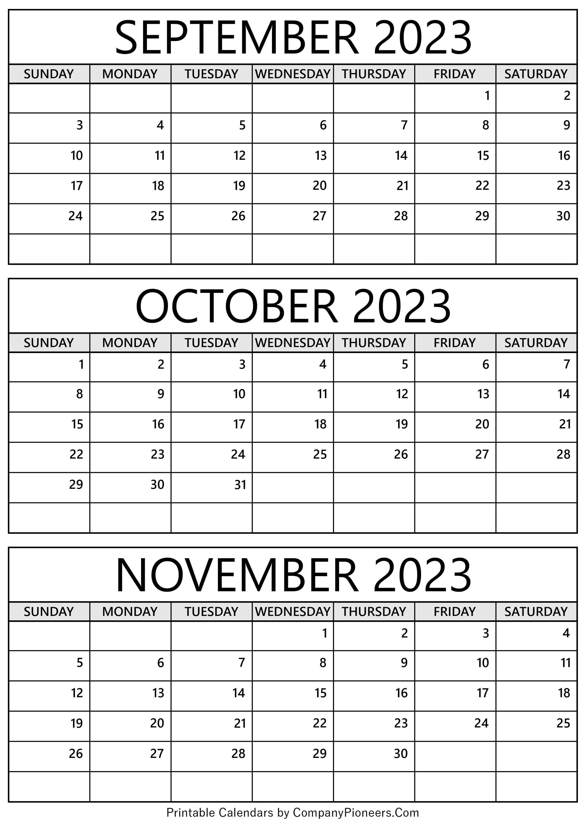 September October November 2023 Calendar Printable Template