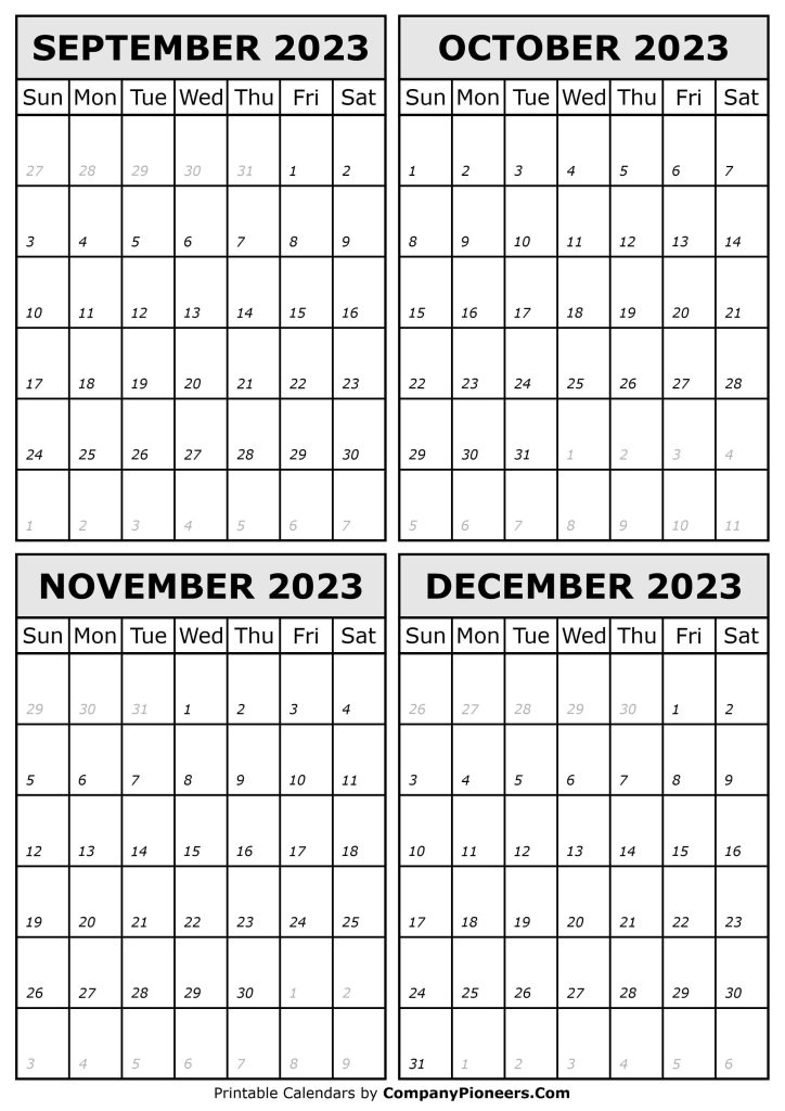 September to December 2023 Calendar Printable Template