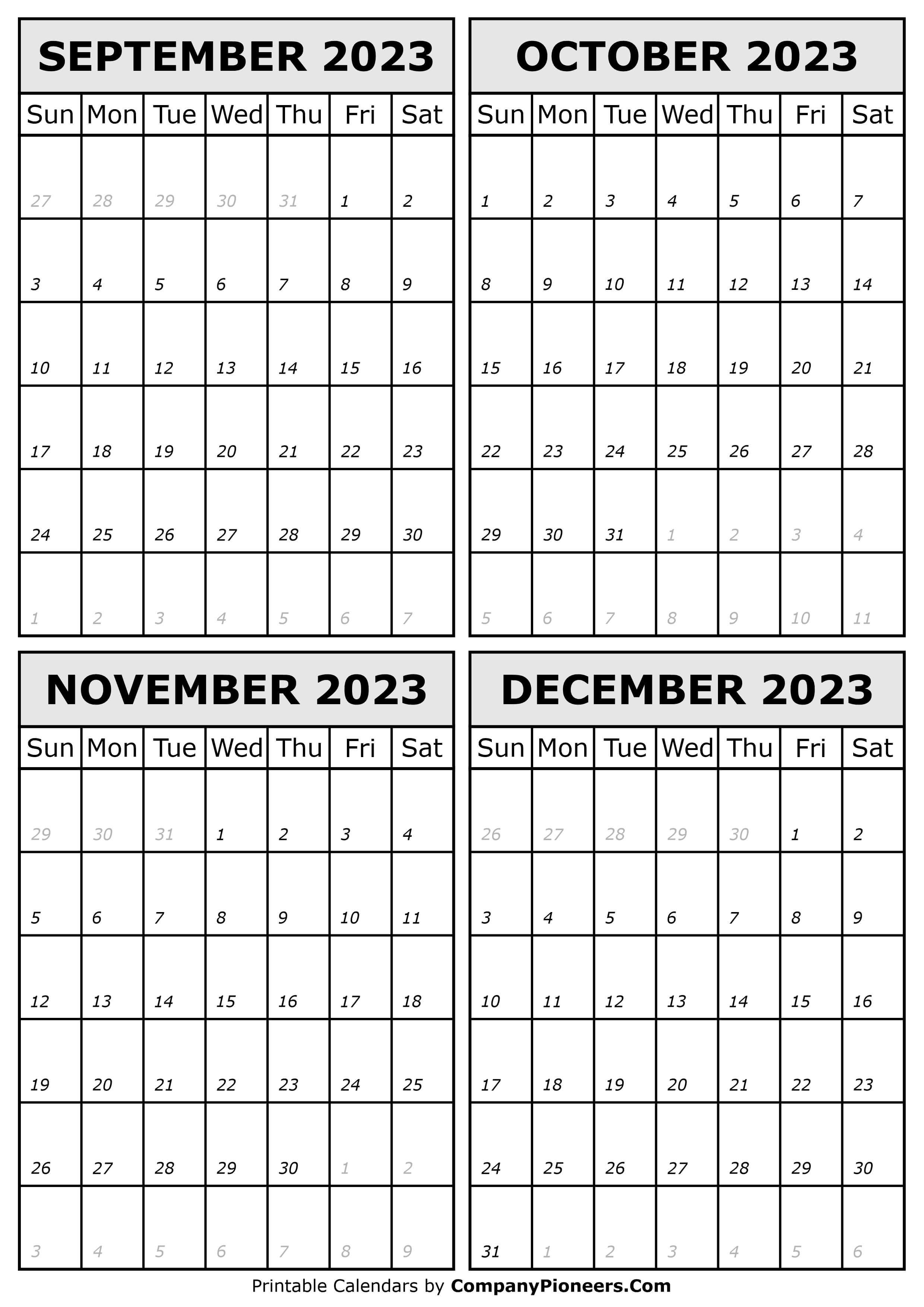 September To December 2023 Calendar Printable Template