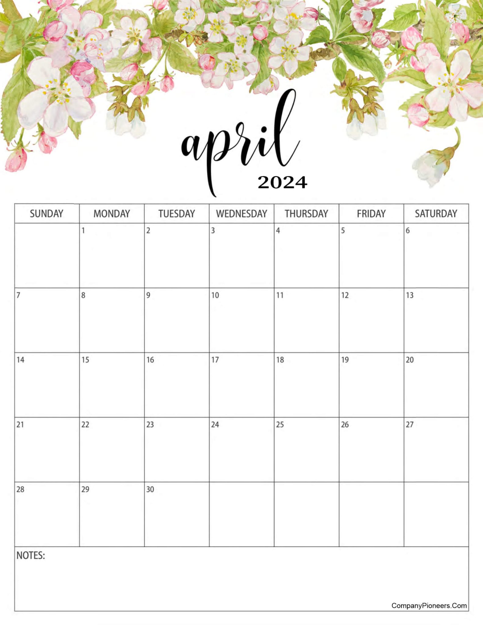 Free Floral April 2024 Calendar Printable - CompanyPioneers.Com