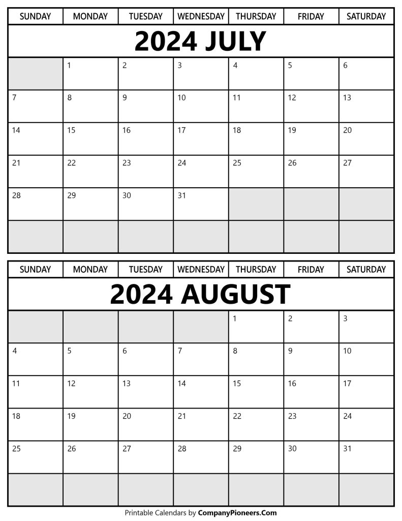 July August 2024 Calendar Printable - Template