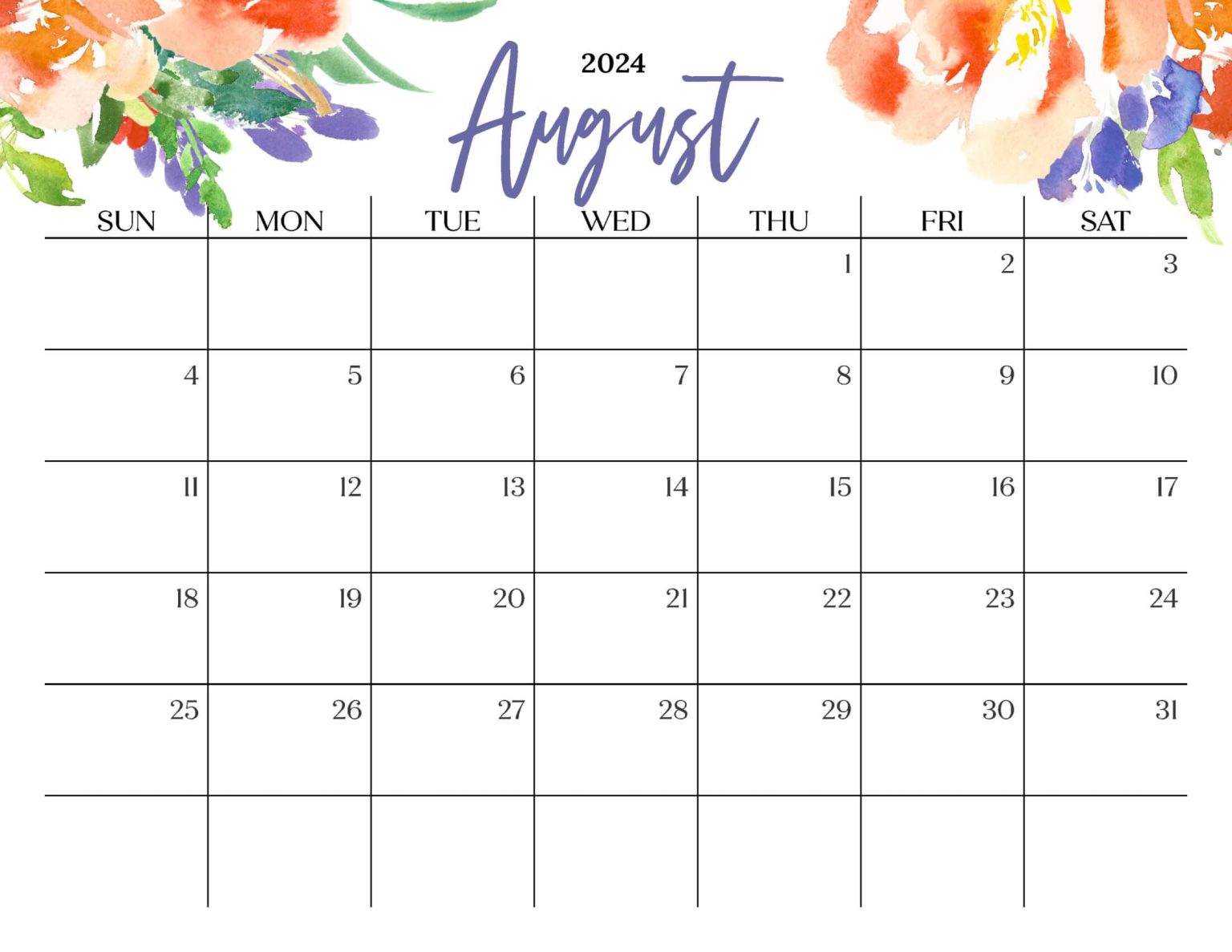 Календарь праздников на август 2024 Free Floral August 2024 Calendar Printable - CompanyPioneers.Com