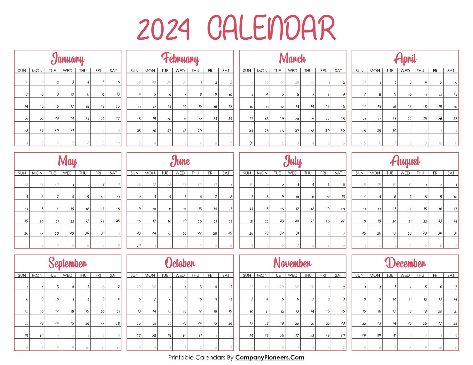 2024 Yearly Calendar - Printable 2023-24 Calendars