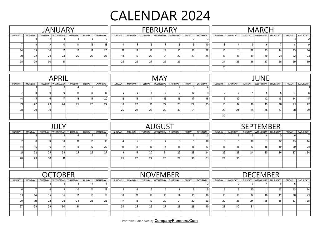 2024 Yearly Calendar - Printable 2023-24 Calendars