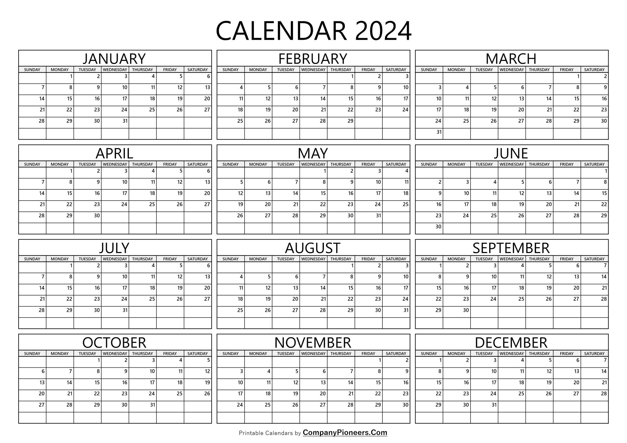 2024 Yearly Calendar - Time Saver Solutions