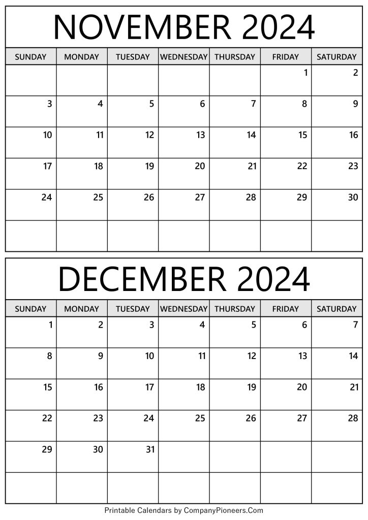 November December 2024 Calendar Printable Template