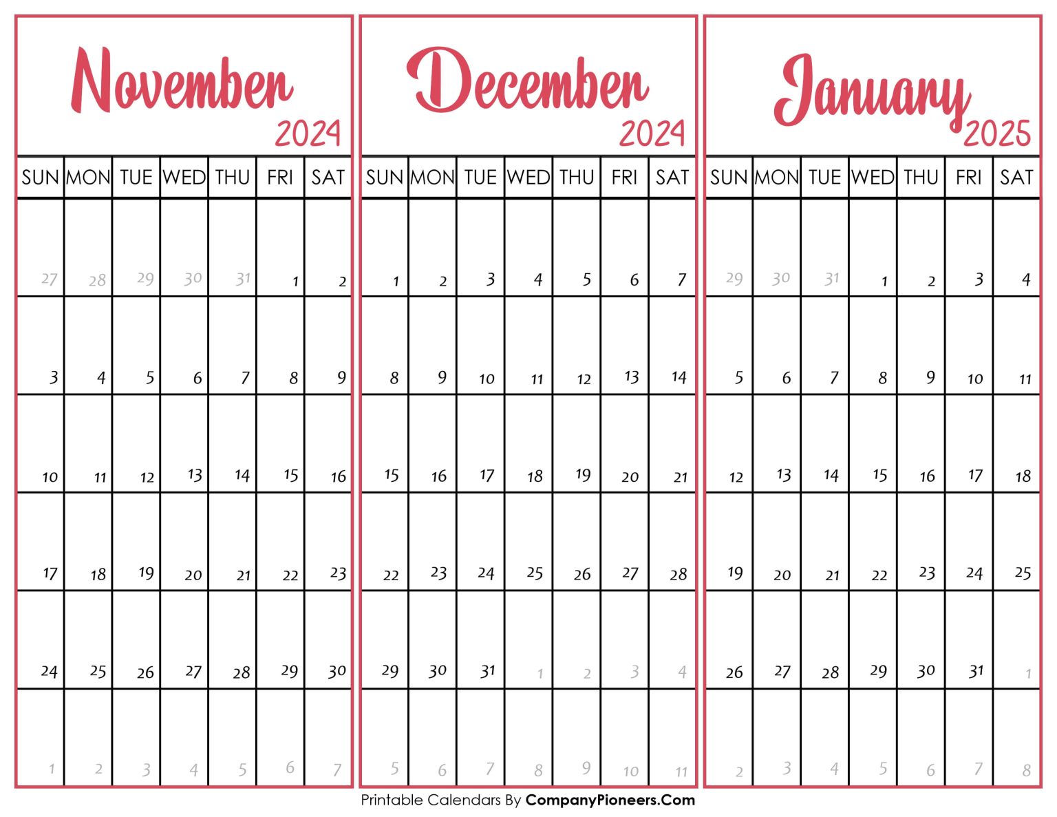 November December 2024 January 2025 Calendar Printable Template