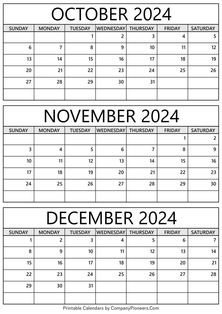 October November December 2024 Calendar Printable Template