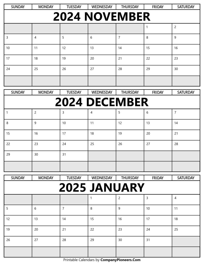 November December 2024 January 2025 Calendar Printable Template