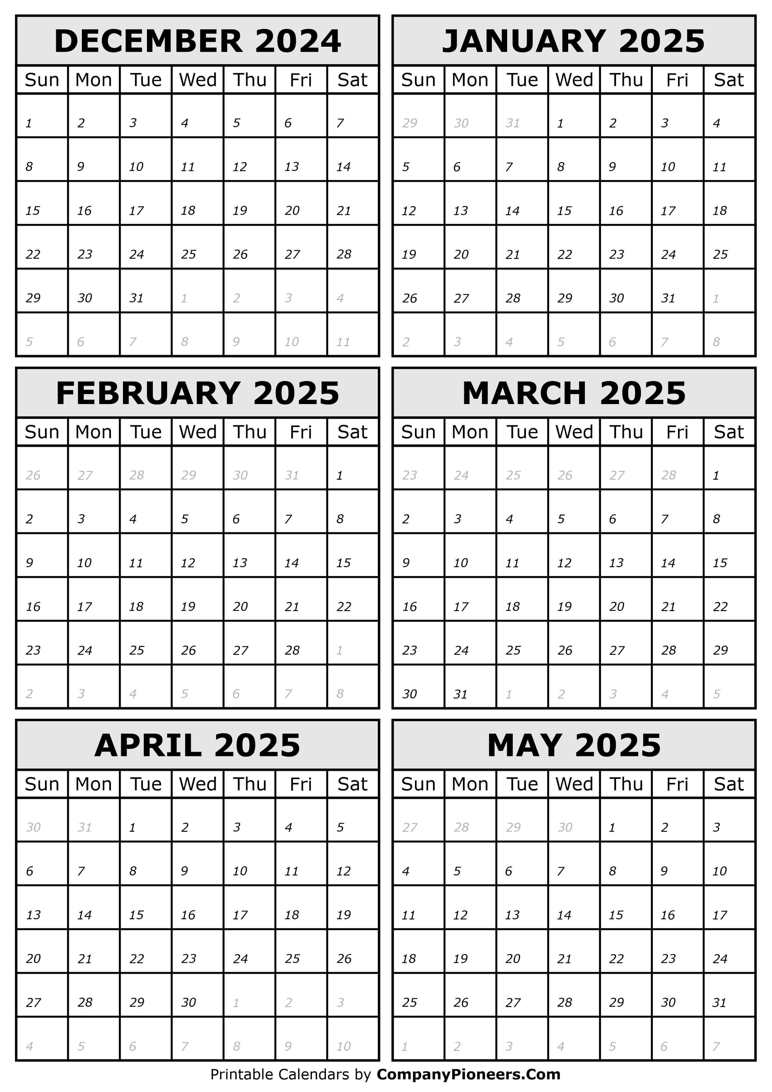 2024 December to 2025 May Calendar