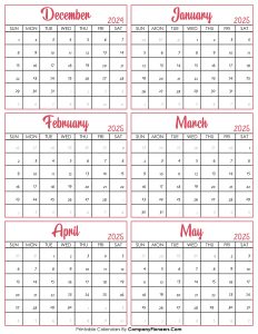 Calendar December 2024 to May 2025