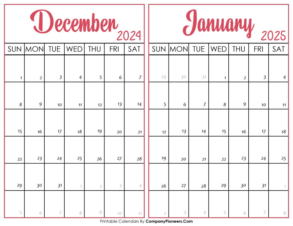 December 2024 January 2025 Calendar Printable Template