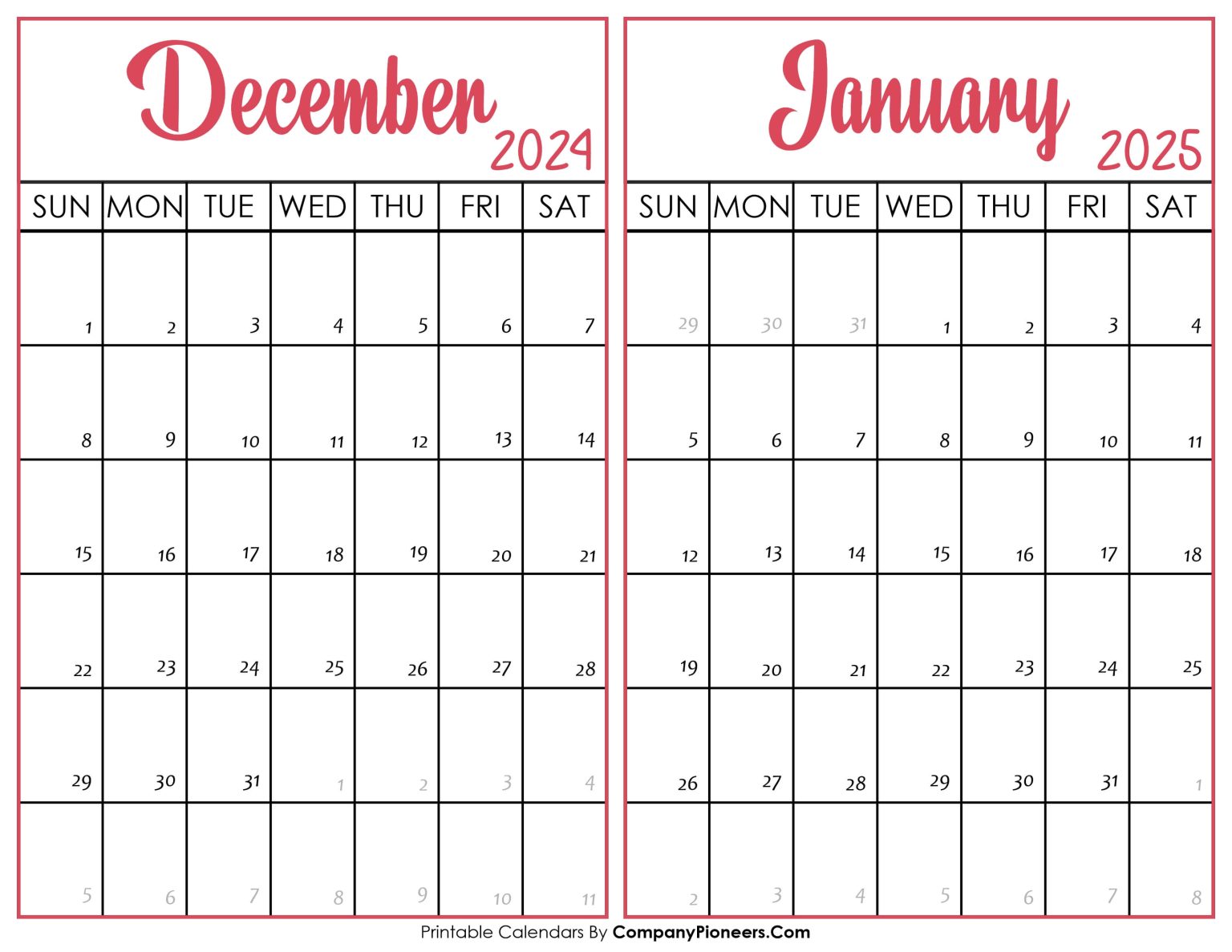 December 2024 January 2025 Calendar Printable - Template