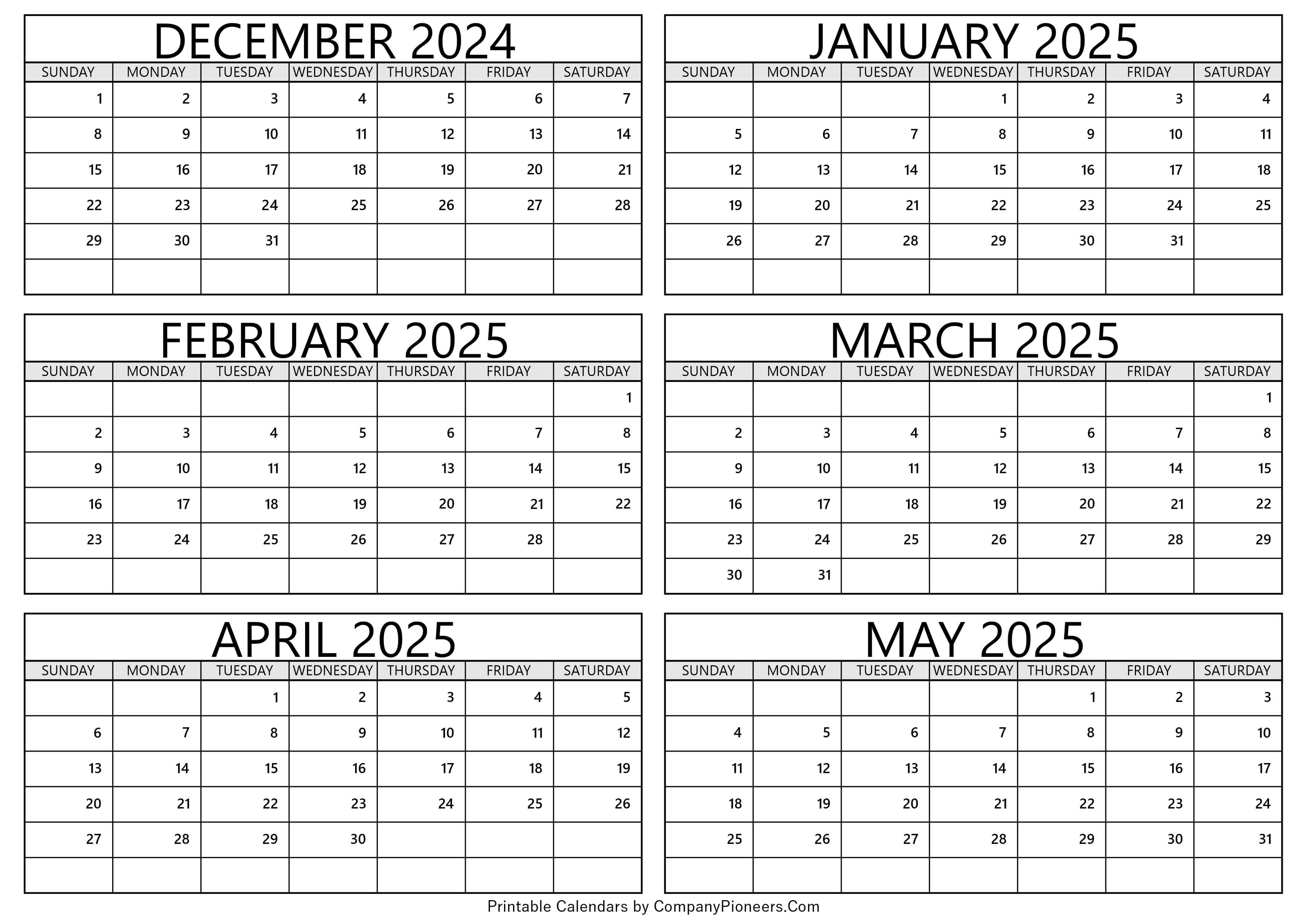 December 2024 to May 2025 Calendar