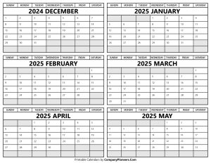 Printable December 2024 to May 2025 Calendar