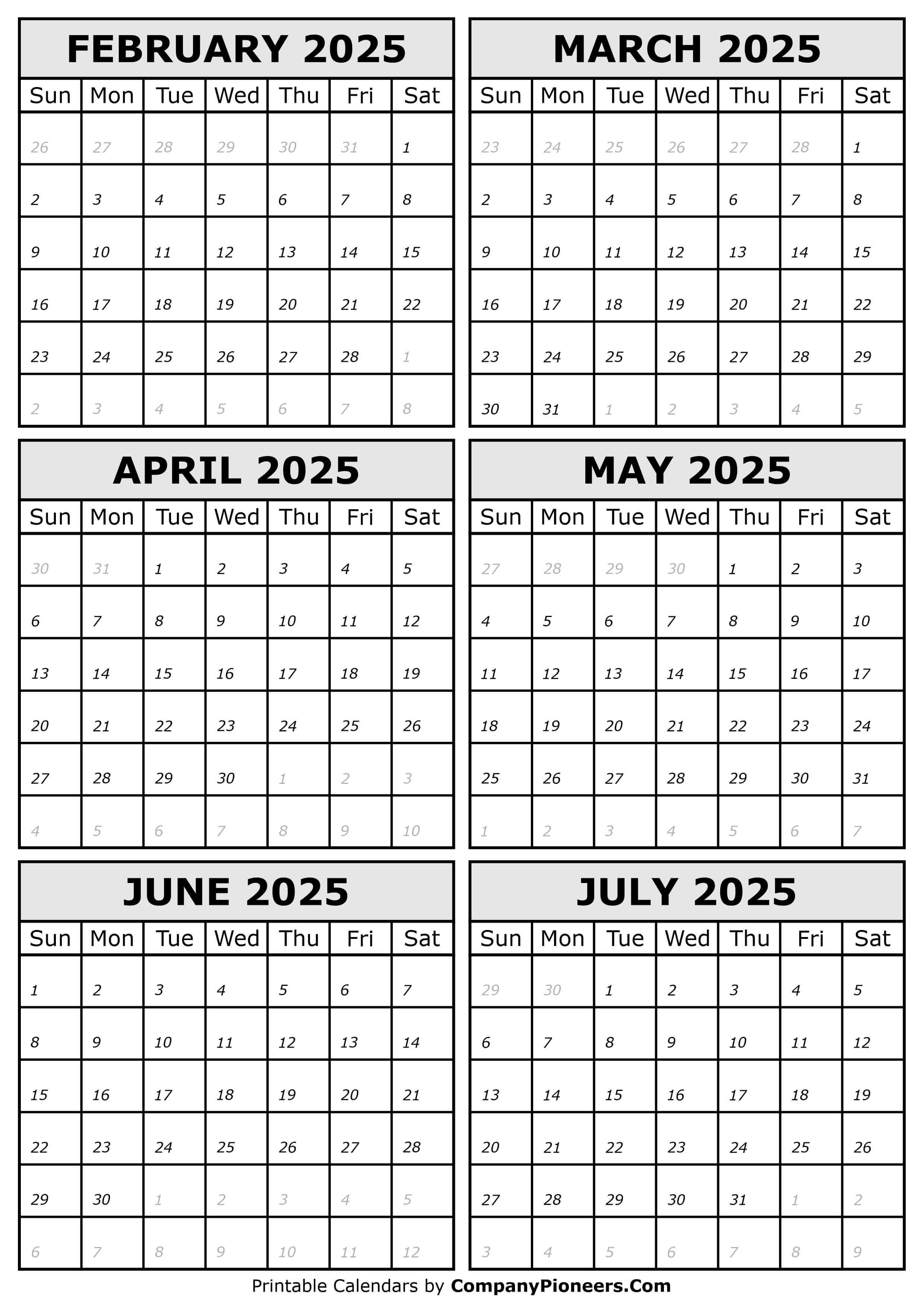 2025 February to July Calendar
