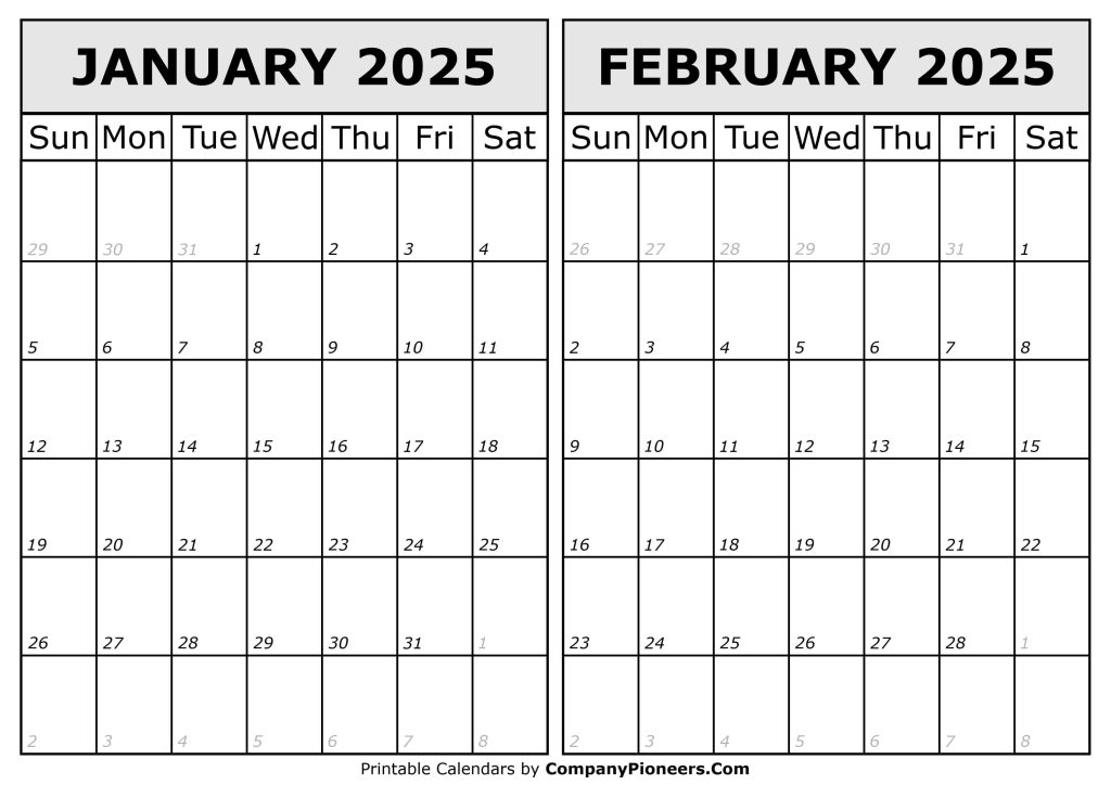 January February 2025 Calendar Printable Template