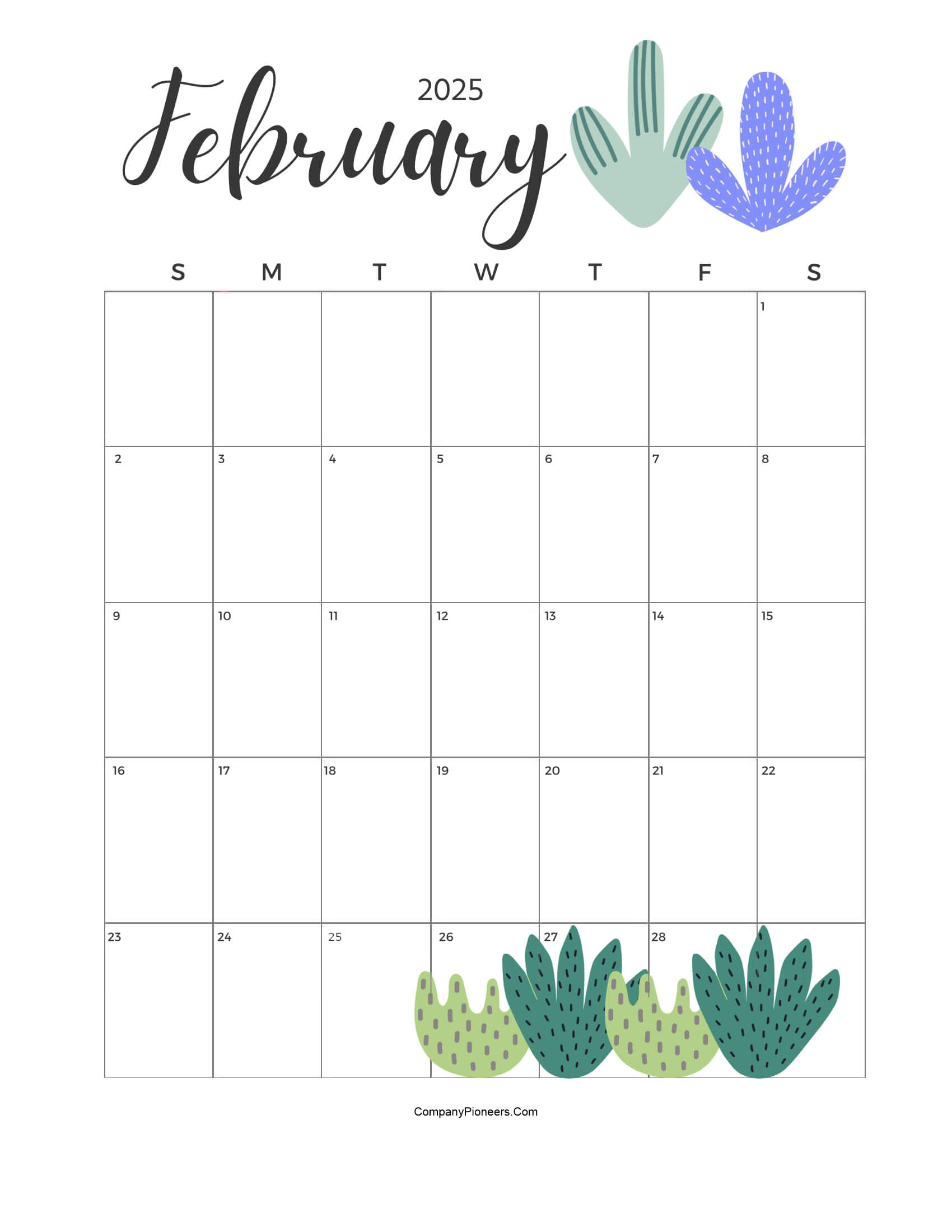 Calendar February 2025 Cute Cactus Leaves
