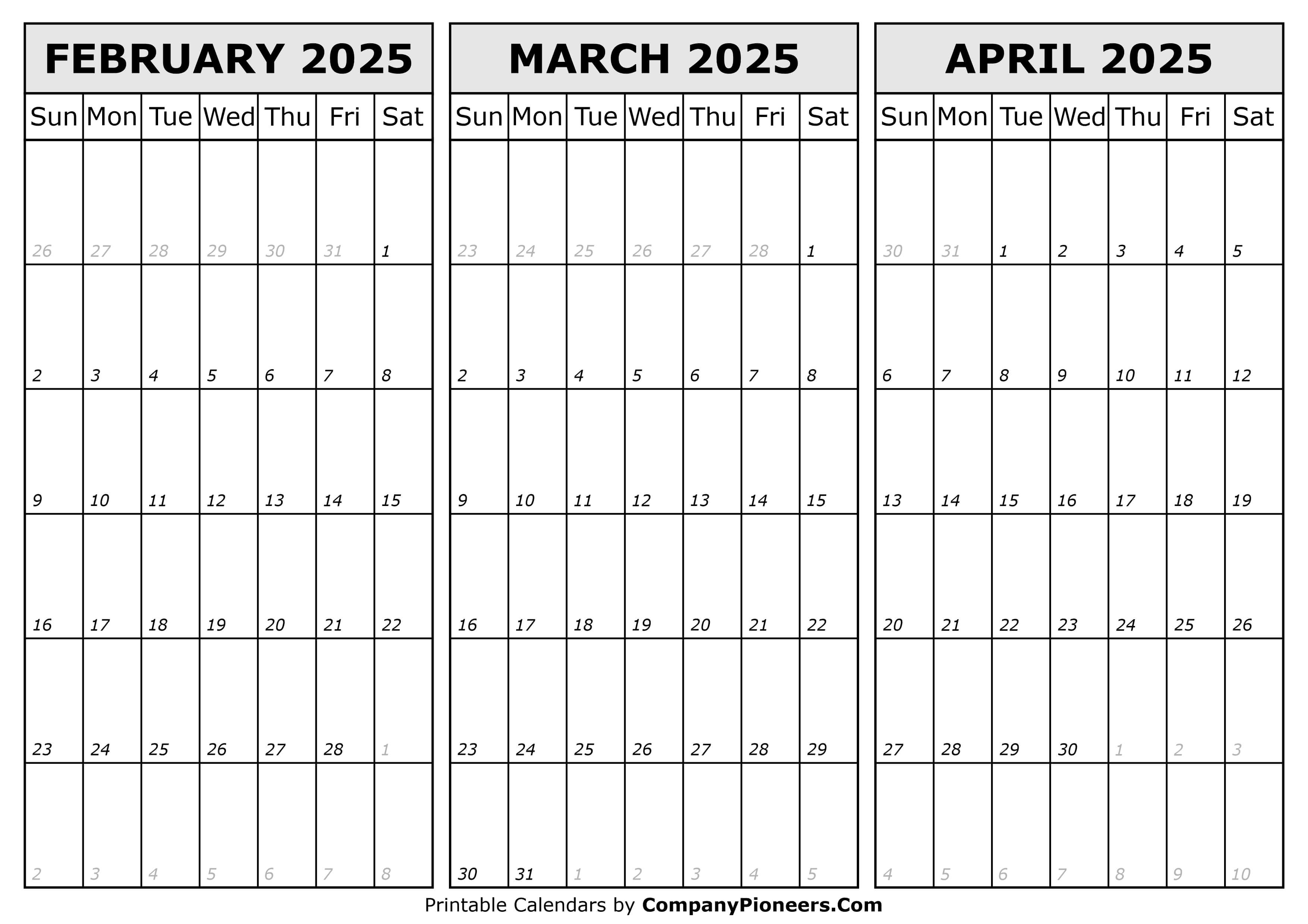 Calendar February to April 2025