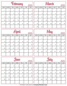 Calendar February to July 2025