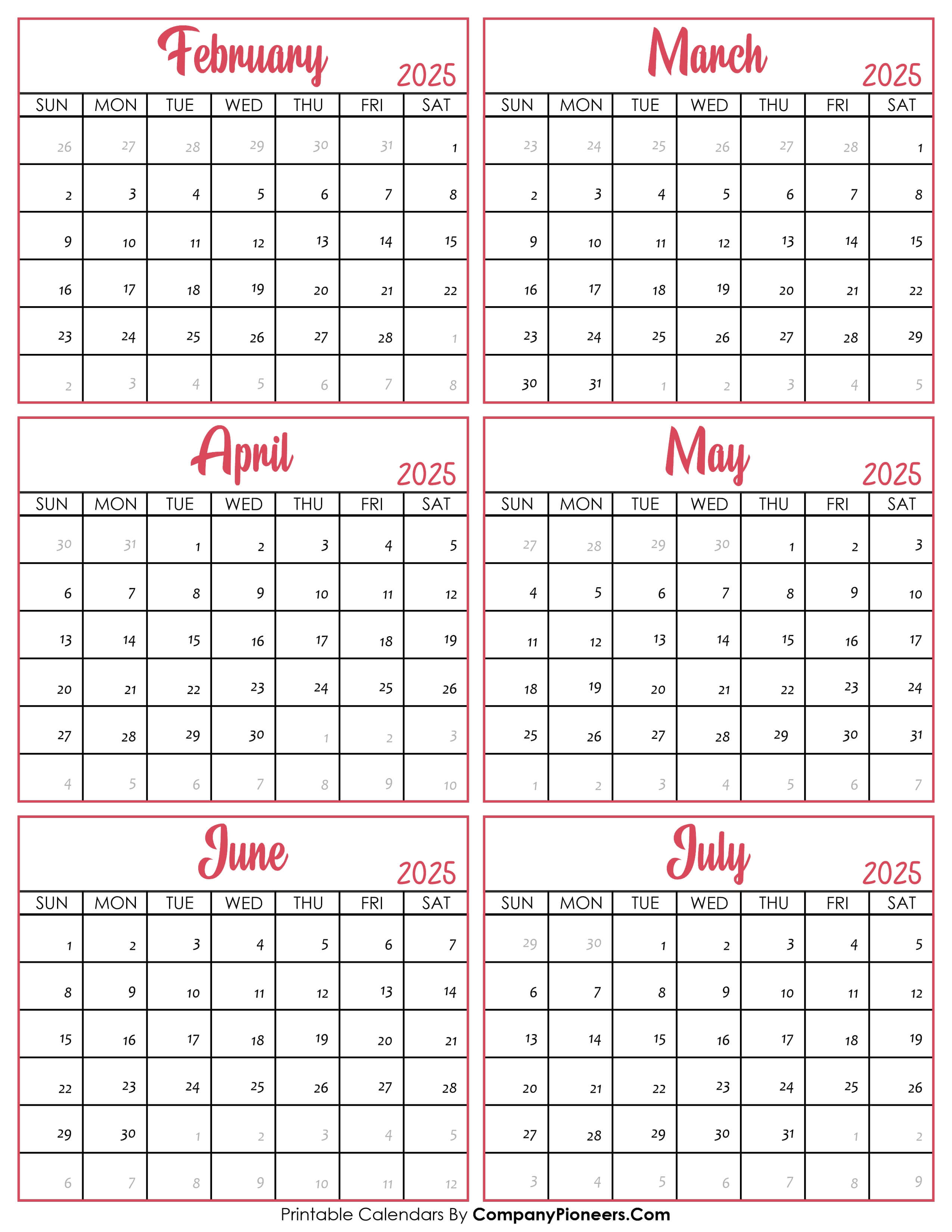 Calendar February to July 2025