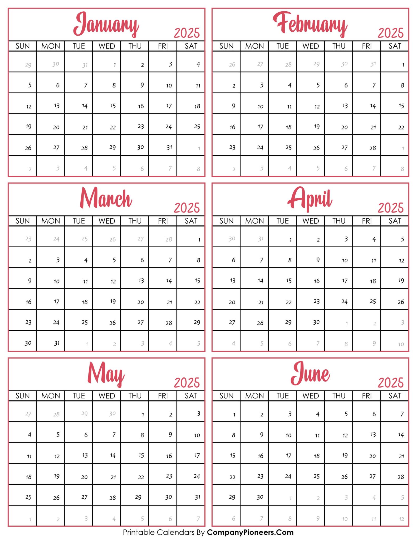 January to June 2025 Calendar Printable Template