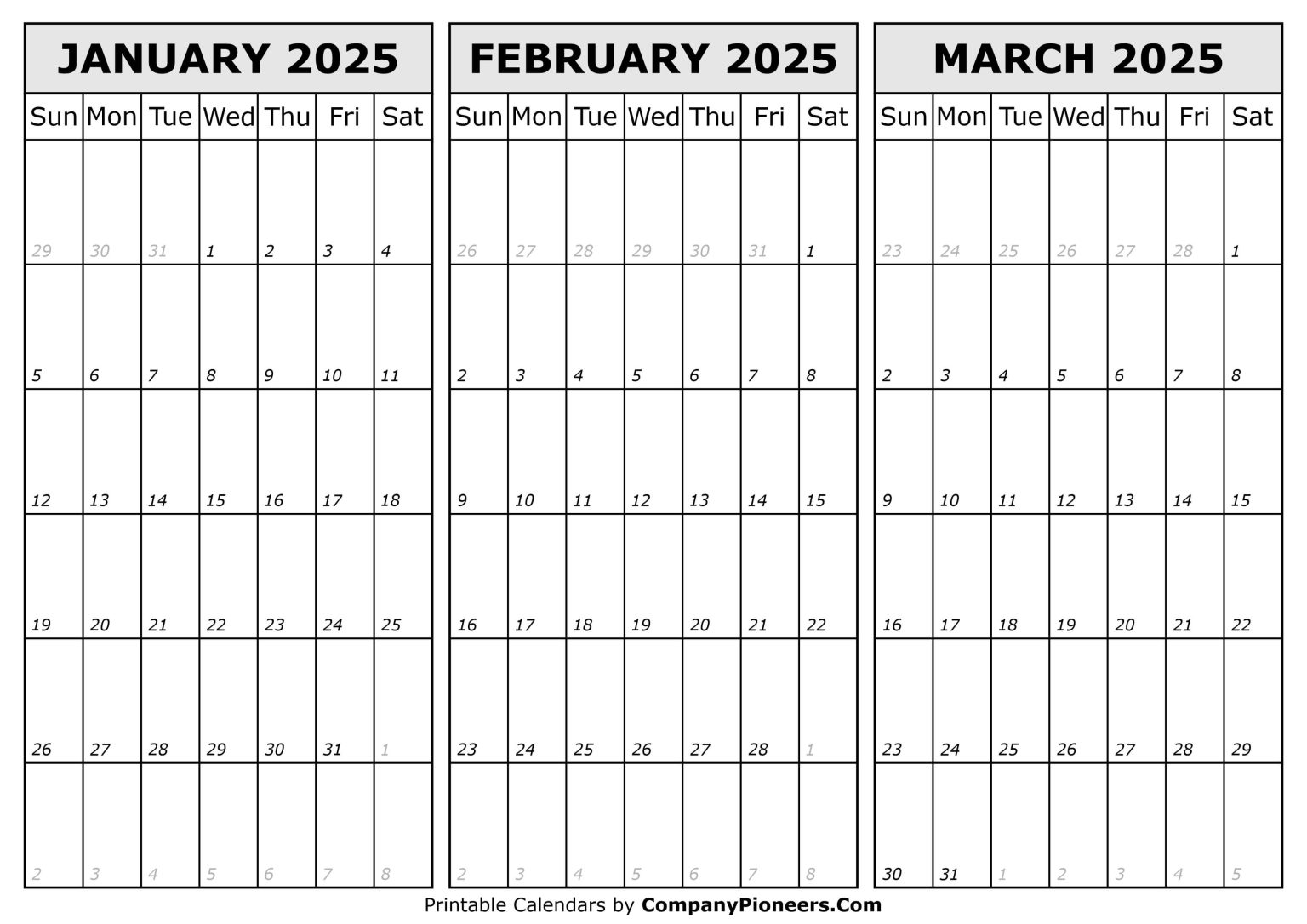 January February March 2025 Calendar Printable Template