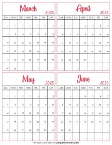 Calendar March to June 2025