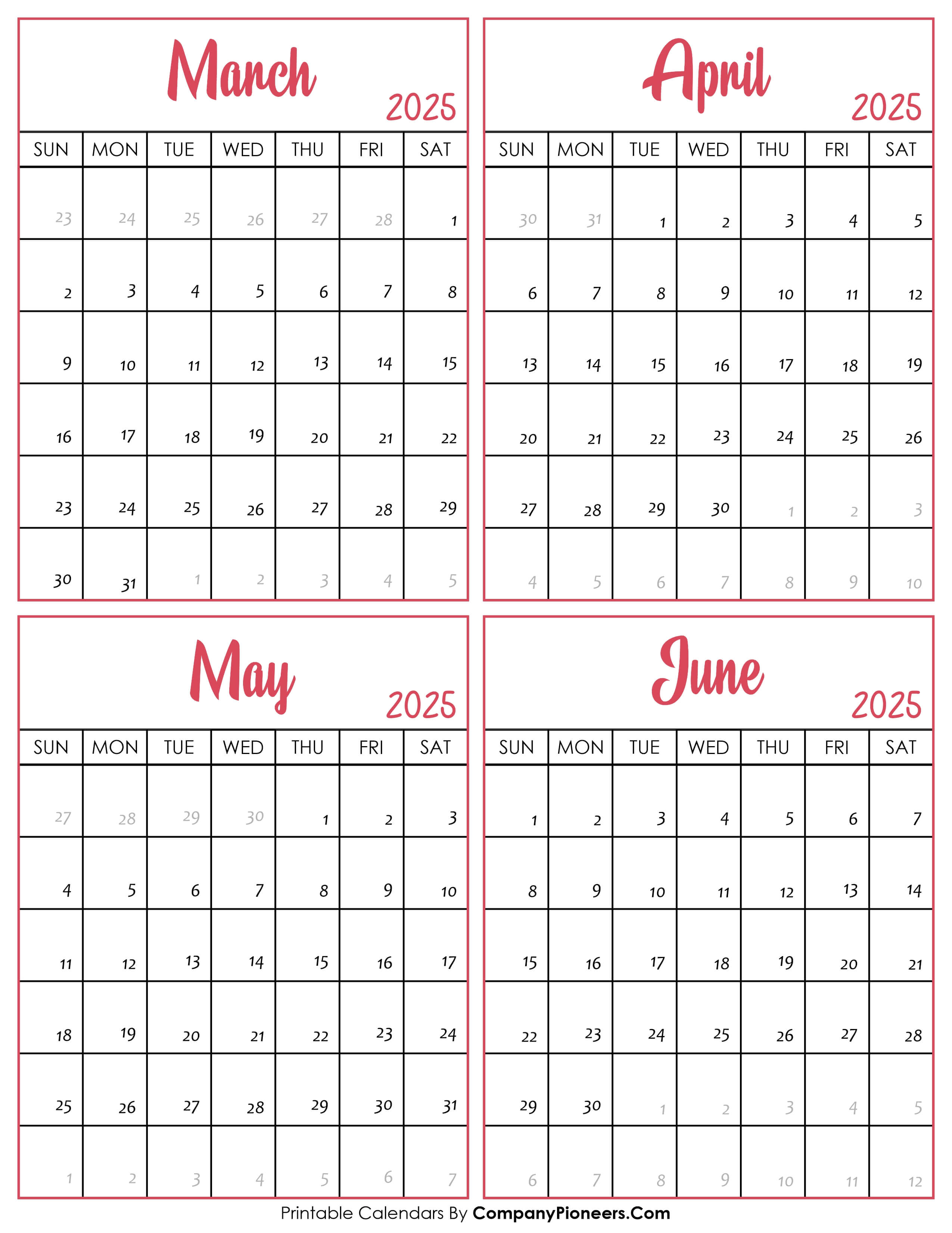 Calendar March to June 2025
