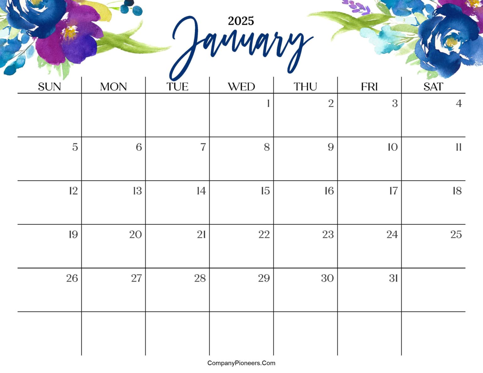 Free Floral January 2025 Calendar Printable - CompanyPioneers.Com