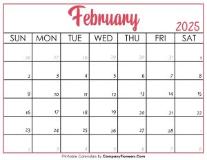 February 2025 Calendar Printable Pink Header