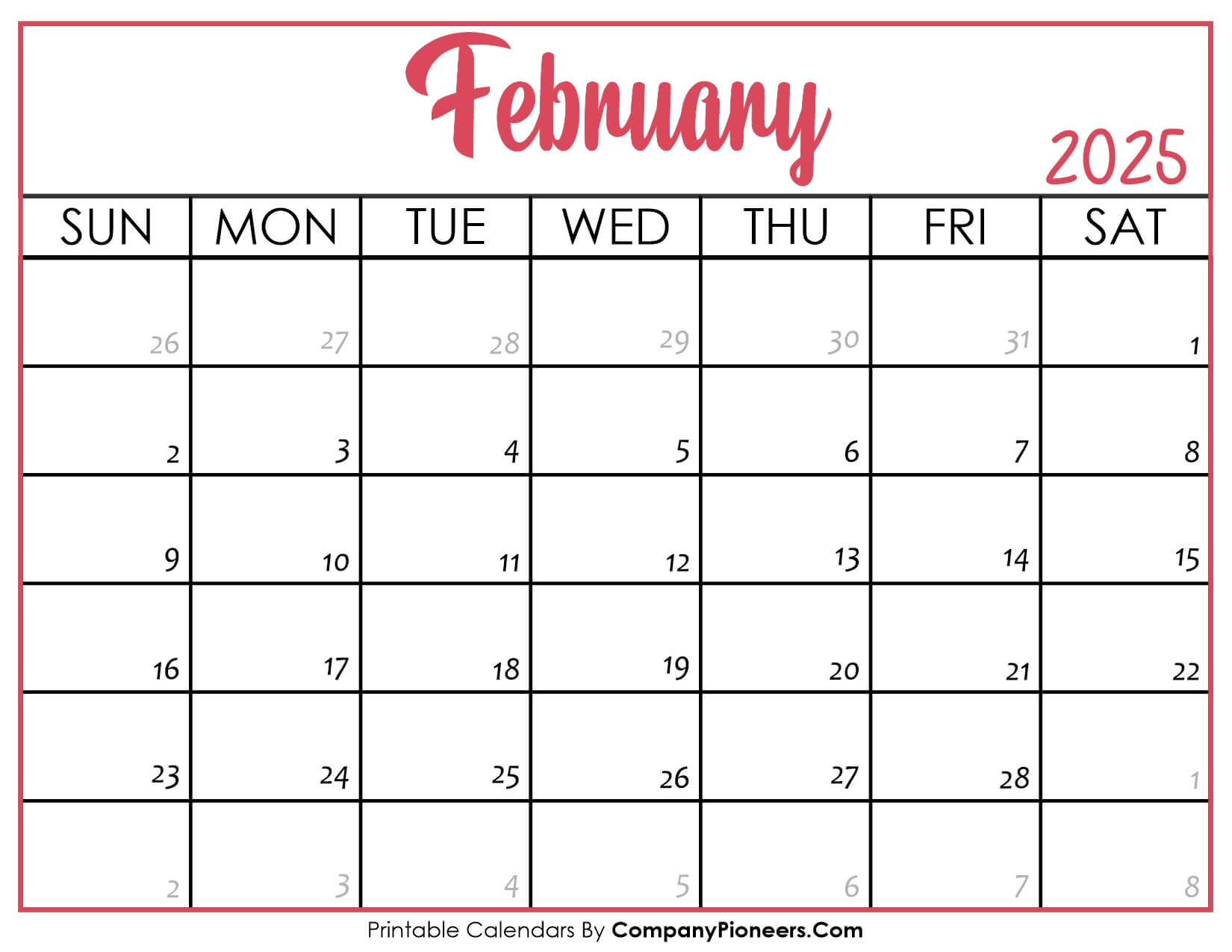 February 2025 Calendar Printable Pink Header