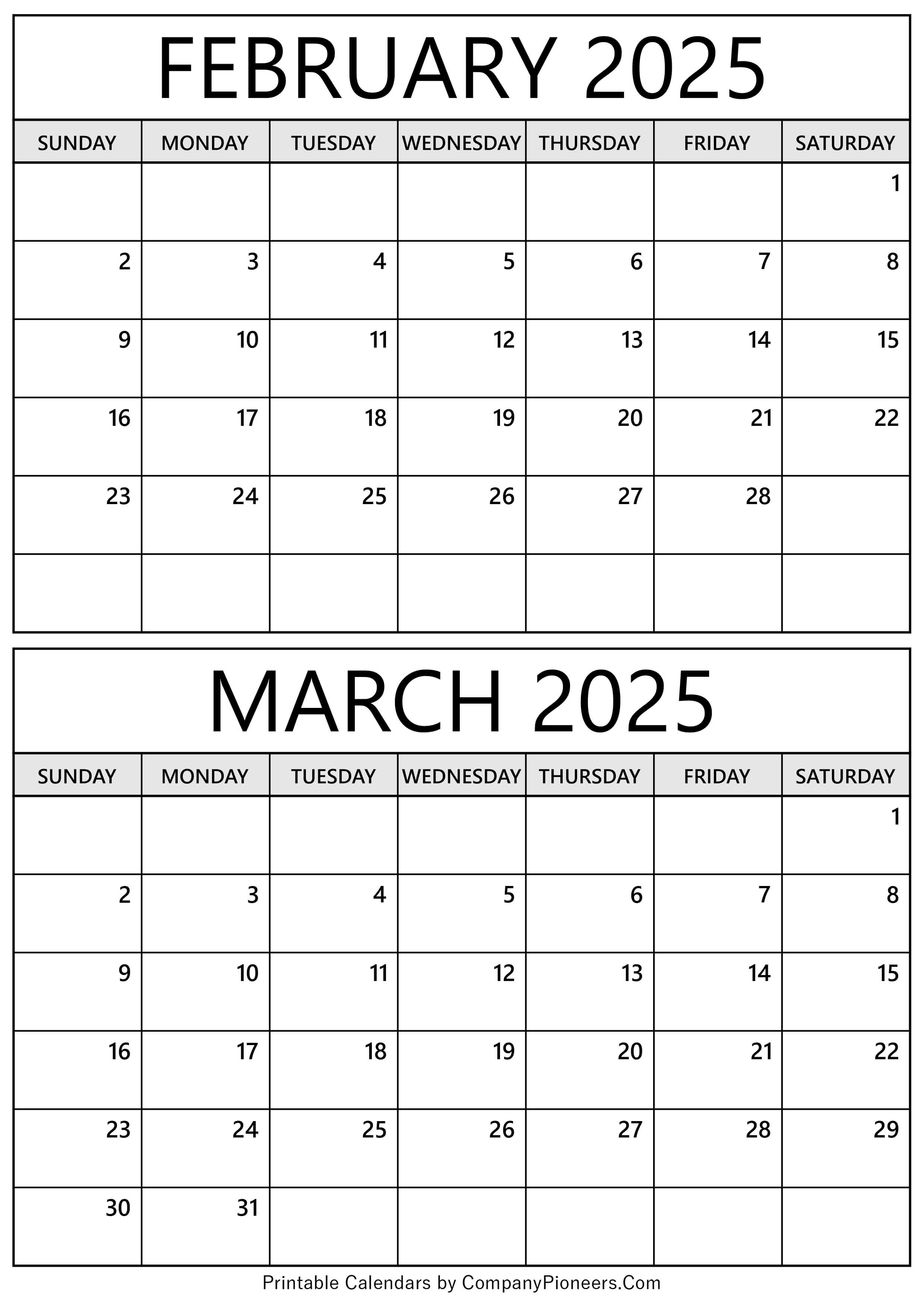 February March 2025 Calendar