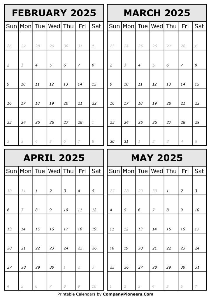 February to May 2025 Calendar Printable Template