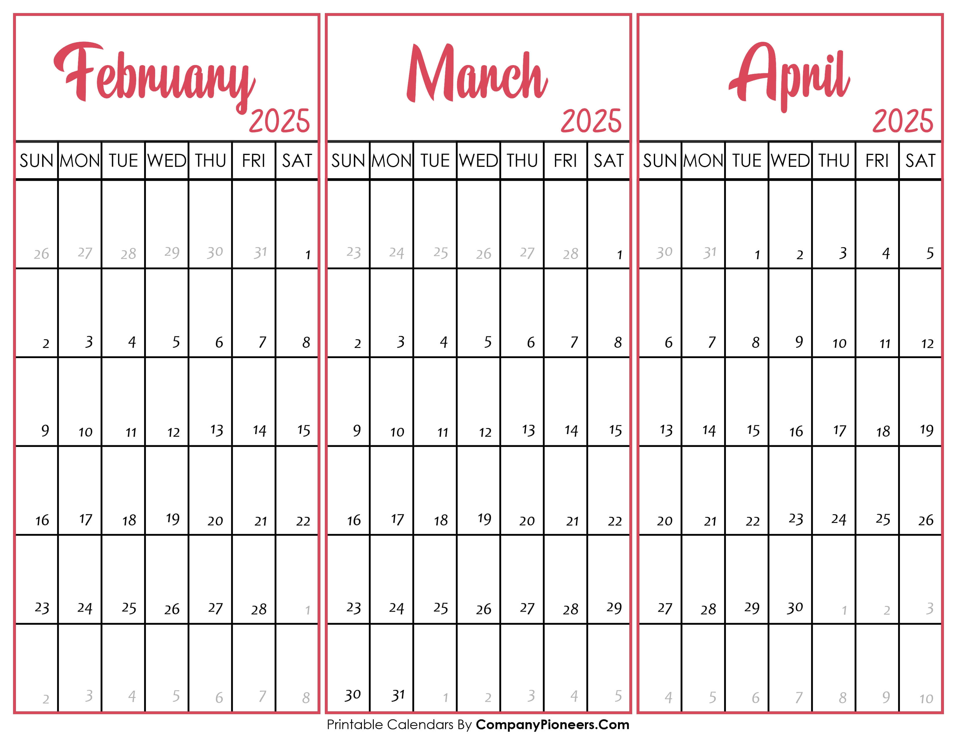 February March and April 2025 Calendar