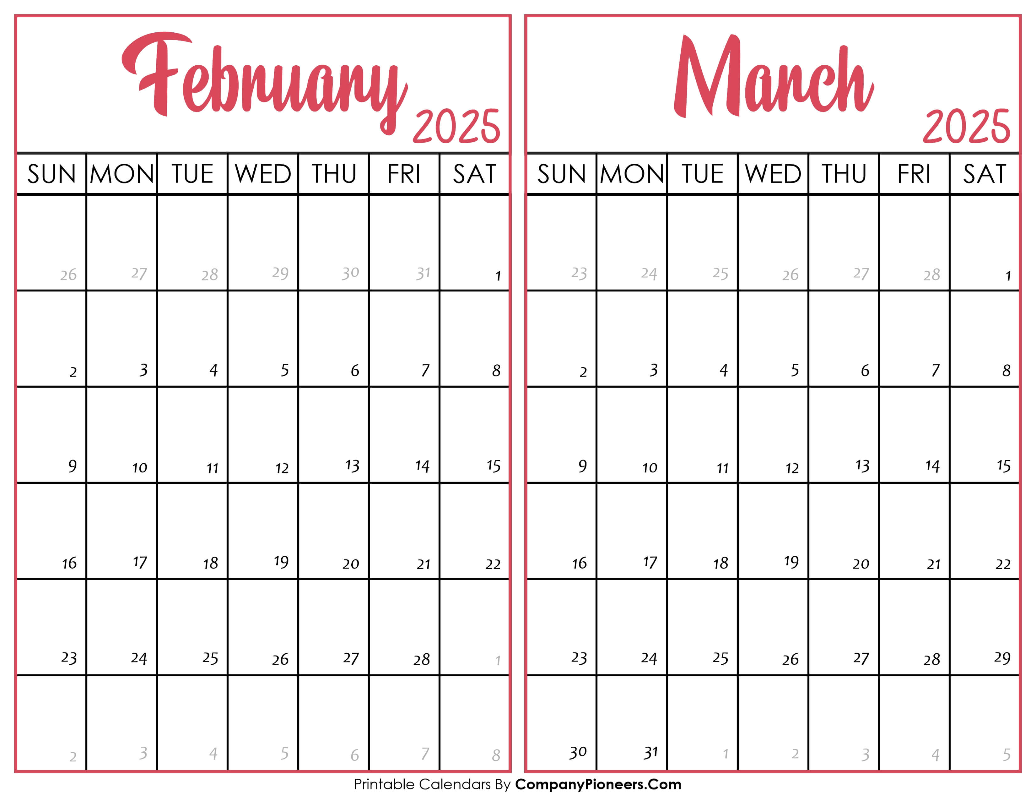 February and March Calendar 2025
